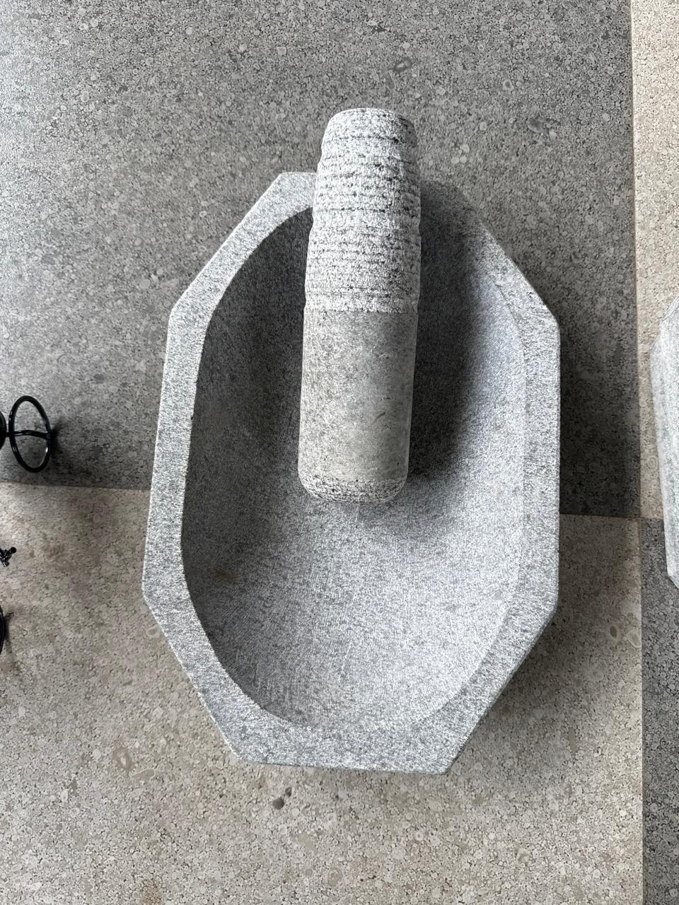 Elongated stone mortar and pestle set