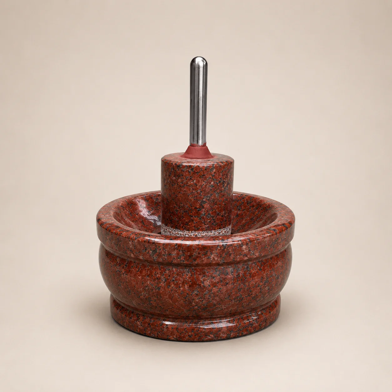 Red granite spice grinder with steel handle
